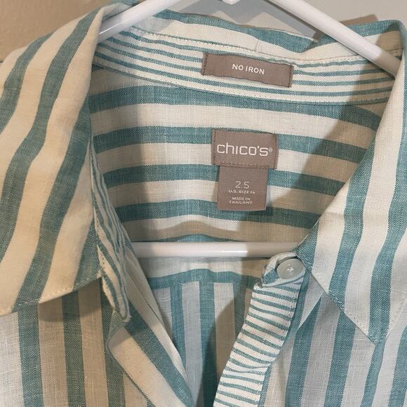 Chico's No Iron Sz 2.5 (US 14) Blue White 3/4 Sleeve Striped Linen Shirt Tunic - Picture 2 of 8